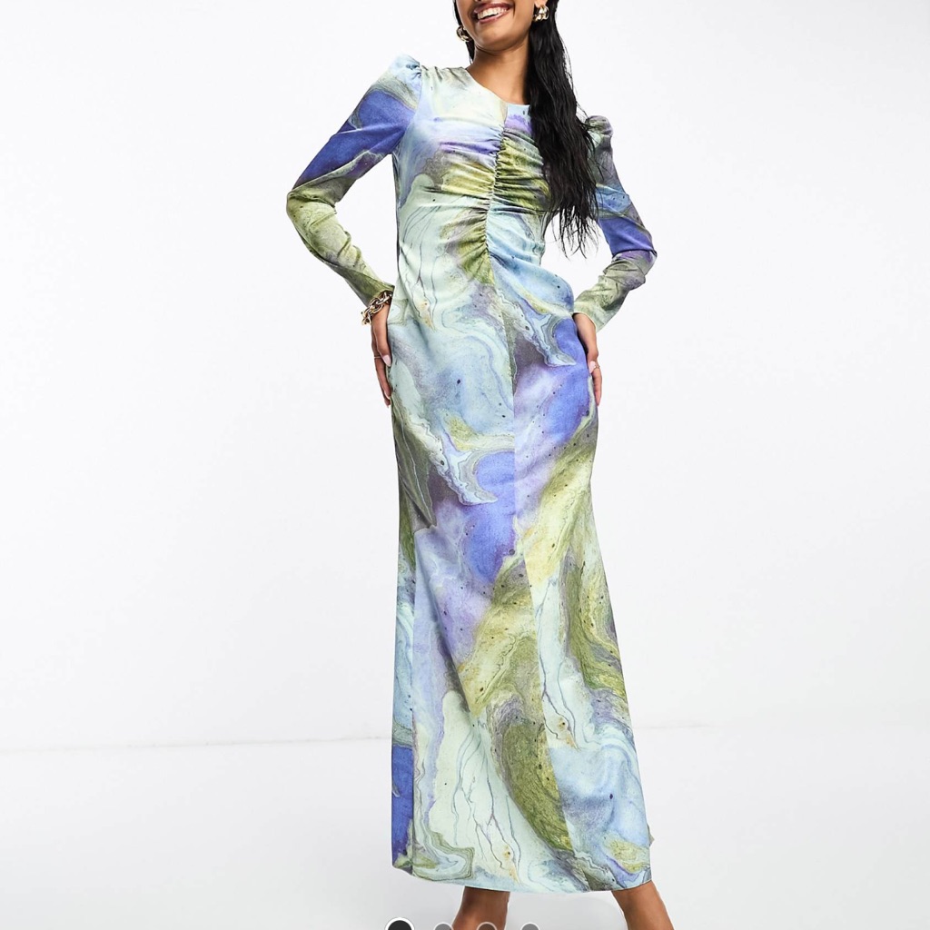 Asos Design Marble Print Long Sleeve Ruched Maxi Dress Size Us 4